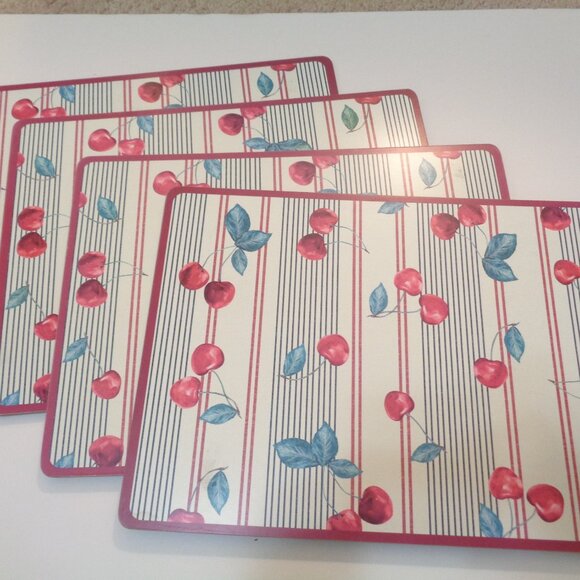 Retro Cherry Placemats Set of 4 With Cork Backing Red Stripes and Leaves - Picture 1 of 8